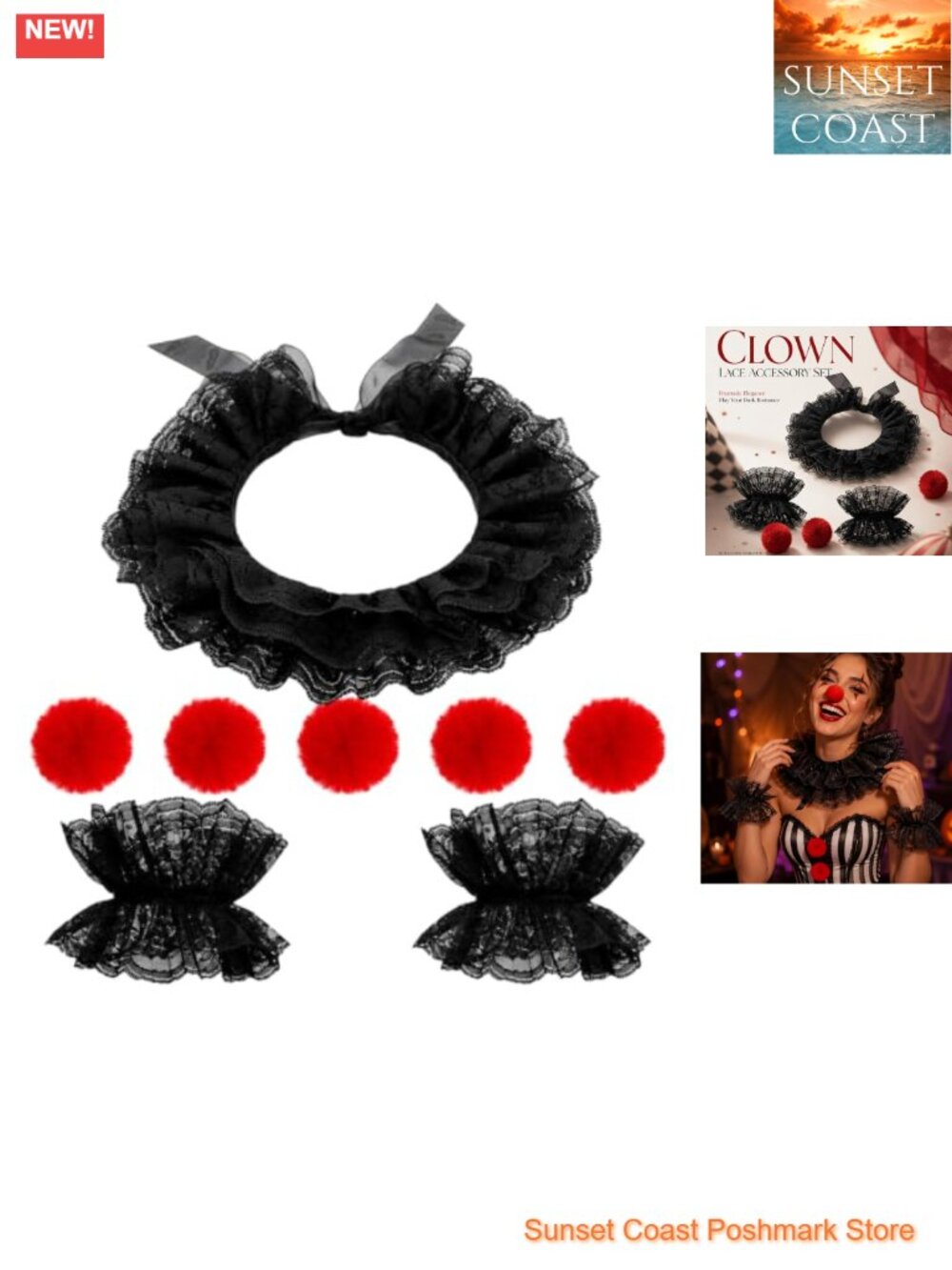 Adult Clown Collar and Cuffs Set Lace Ruffle 8-Piece Costume Accessory